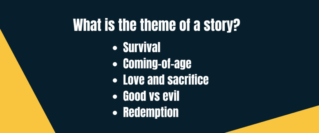 What is the theme of a story graphic Text "what is the theme of a story: survival, coming-of-age, love and sacrifice, good vs evil, redemption" on darker background