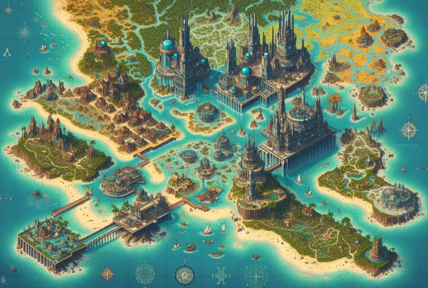 A sample generation from the fantasy map generator. An island map with several tree-filled islands surrounded by water.