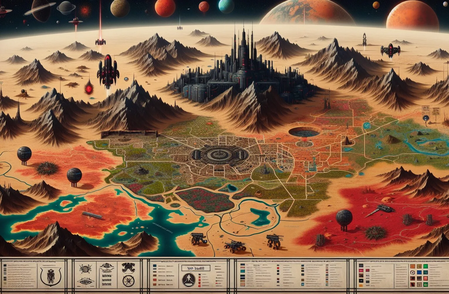 A sample generation from the fantasy map generator. A mountainous desert area with swaths of red and orange.