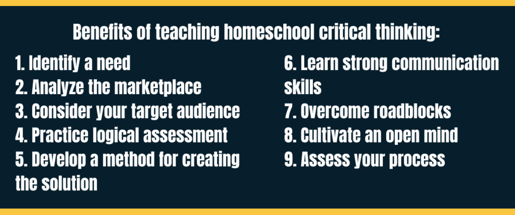 Text &Quot;Benefits Of Teaching Homeschool Critical Thinking&Quot; On Darker Background With Numbered List