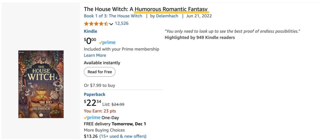 Screenshot Of An Amazon Listing For &Quot;The House Witch: A Humorous Romantic Fantasy&Quot; By Delmarch. Shows Ratings, Kindle And Paperback Options, Plus A Glowing Review About Hope And Possibilities.