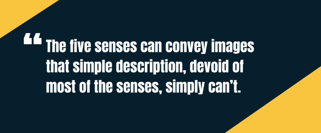 the five senses Text "The five senses can convey images that simple description, devoid of most of the senses, simply can’t" on darker background