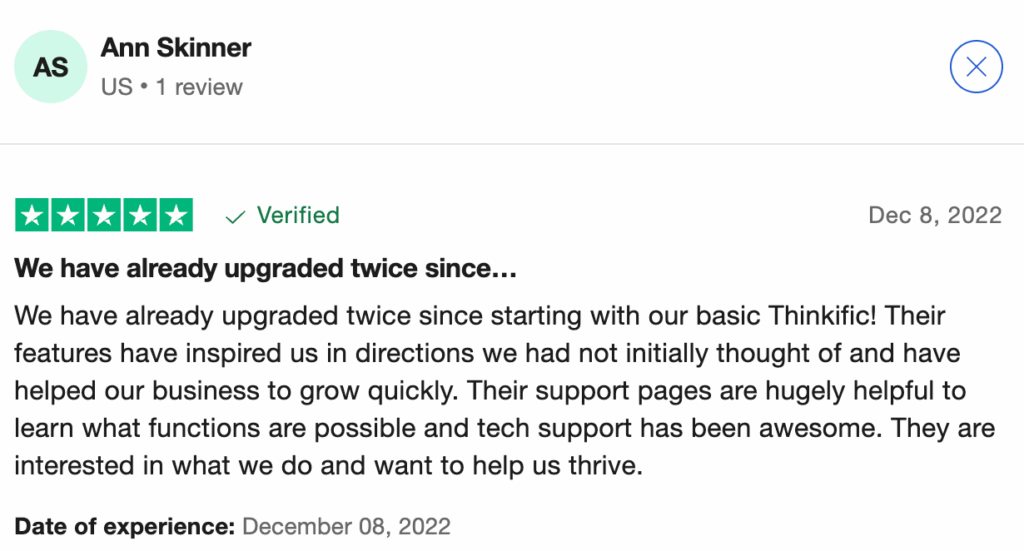 Screenshot of 5 star Thinkific review on TrustPilot