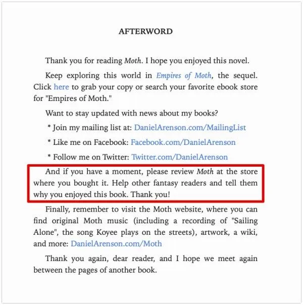 Example Of Using The Back Matter To Get More Book Reviews Of Your Self Published Book