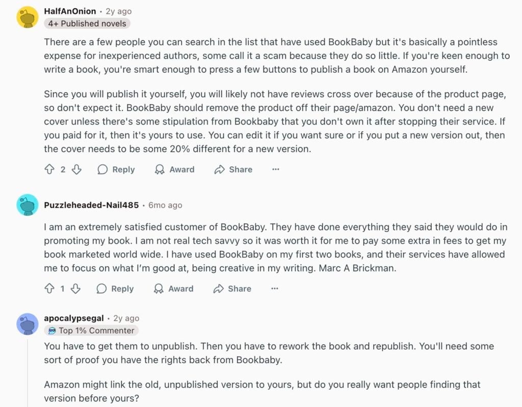 User Feedback For Bookbaby Self-Publishing Platforms