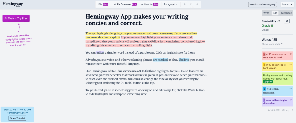 Screenshot Of Hemingway Website