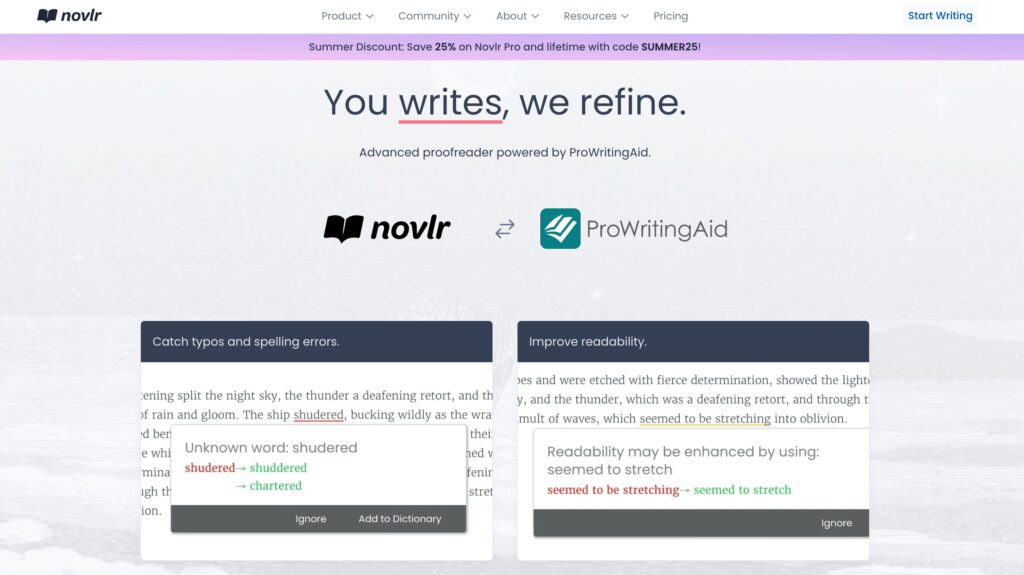 screenshot of novlr website featuring ProWritingAid screenshot of novlr website featuring ProWritingAid