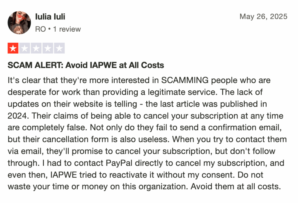 Trustpilot screenshot of IAPWE review - lulia