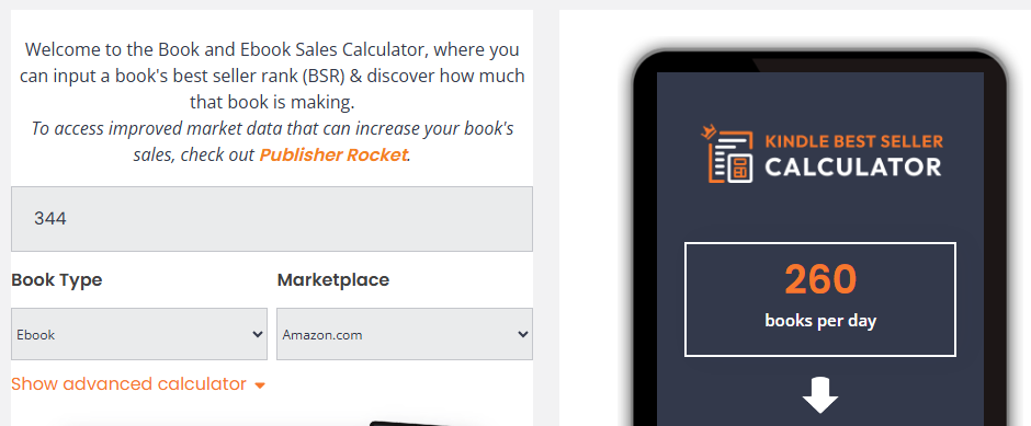 Screenshot Of Kindlepreneur Book Sales Calculator To Help Determine Which Amazon Book Categories Make Money